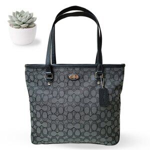 COACH Signature Canvas Tote Bag Black Gray Leather Trim Hangtag